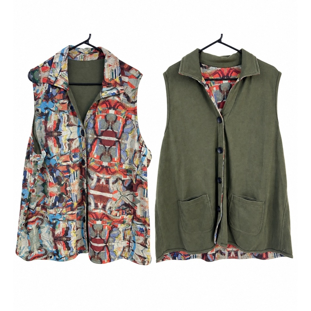 Parsley & Sage Reversible Vest 2X Abstract Print Artsy Lagenlook Art to Wear